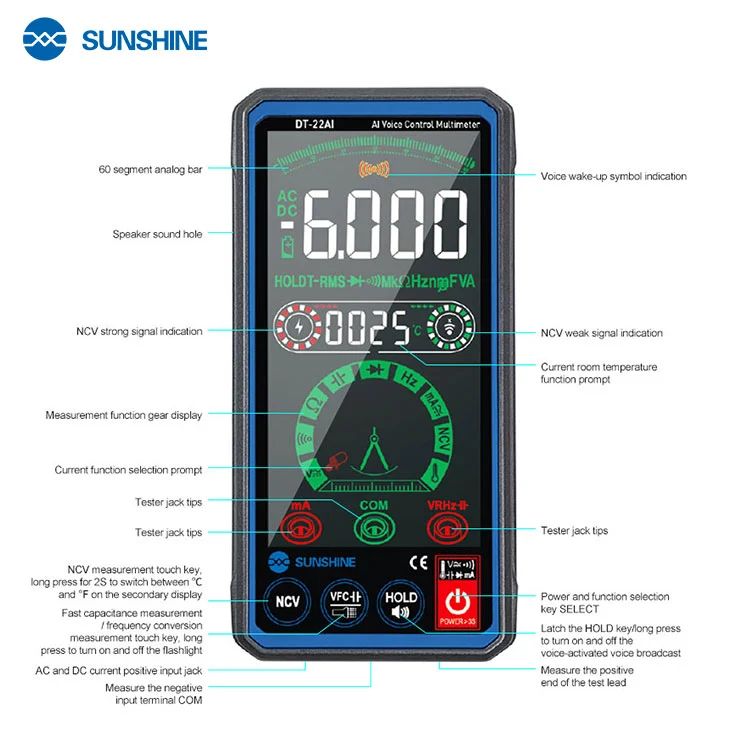 SUNSHINE DT-22AI  มัลติมิเตอร์ดิจิตอล สั่งงานด้วยเสียง