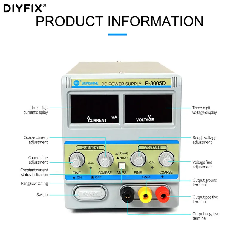 SUNSHINE P-3005D แหล่งจ่ายไฟ DC แบบควบคุม (0-30V, 0-5A)